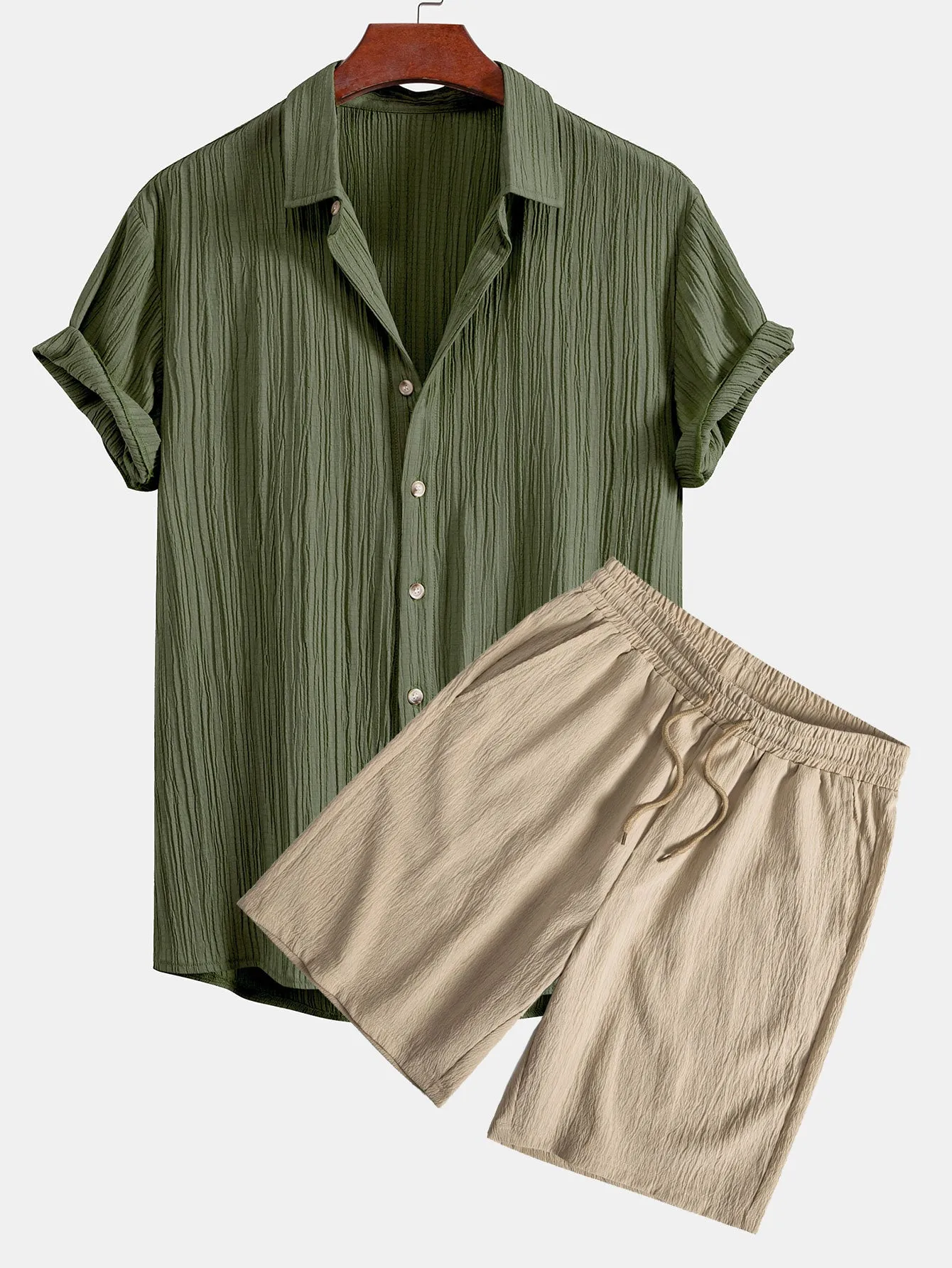 Crinkled Textured Button Up Shirt & Crinkled Textured Drawstring Shorts