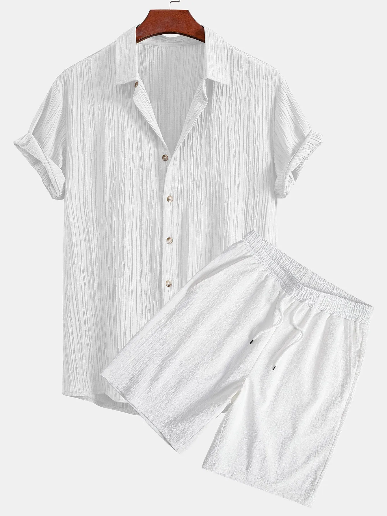 Crinkled Textured Button Up Shirt & Crinkled Textured Drawstring Shorts