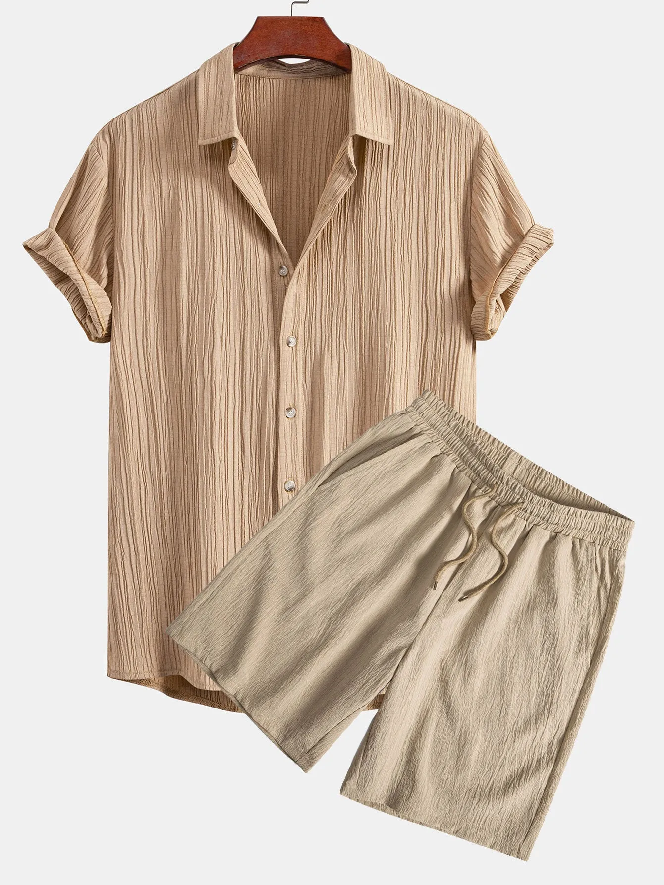 Crinkled Textured Button Up Shirt & Crinkled Textured Drawstring Shorts