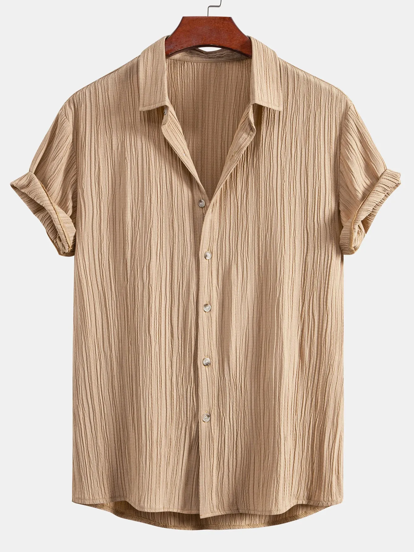Crinkled Textured Button Up Shirt & Crinkled Textured Drawstring Shorts