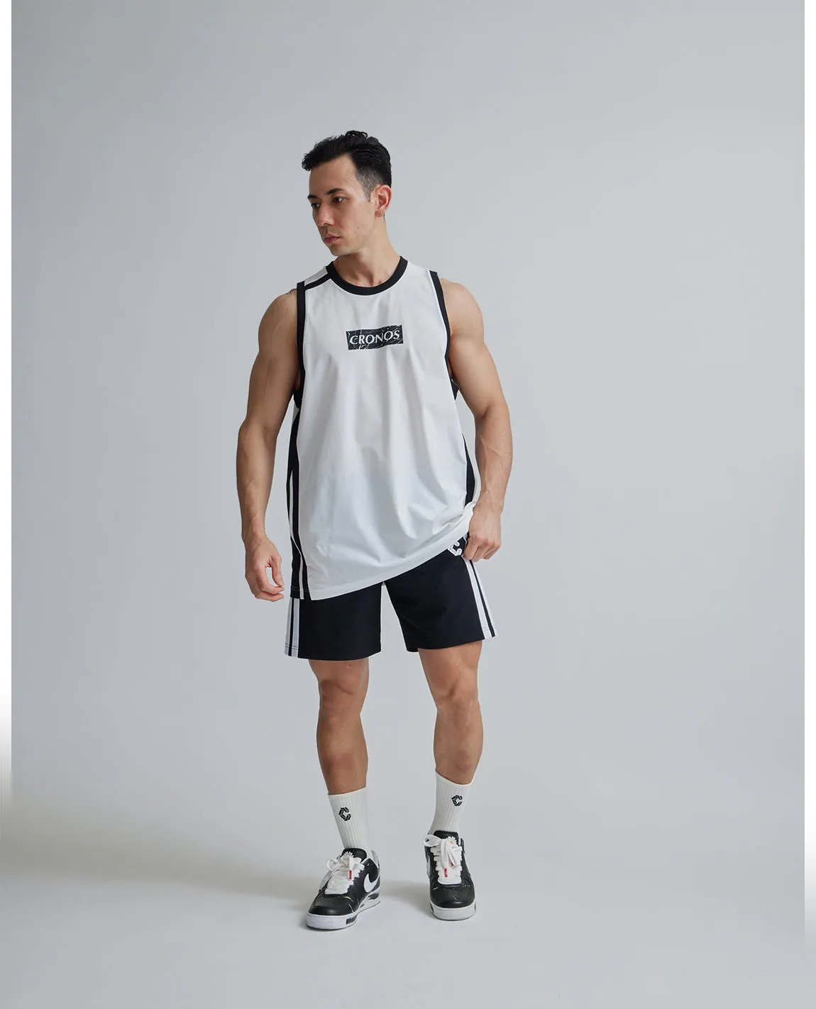 CRONOS 2LINE NYLON STRETCH SHORTS【BLACK×WHITE】