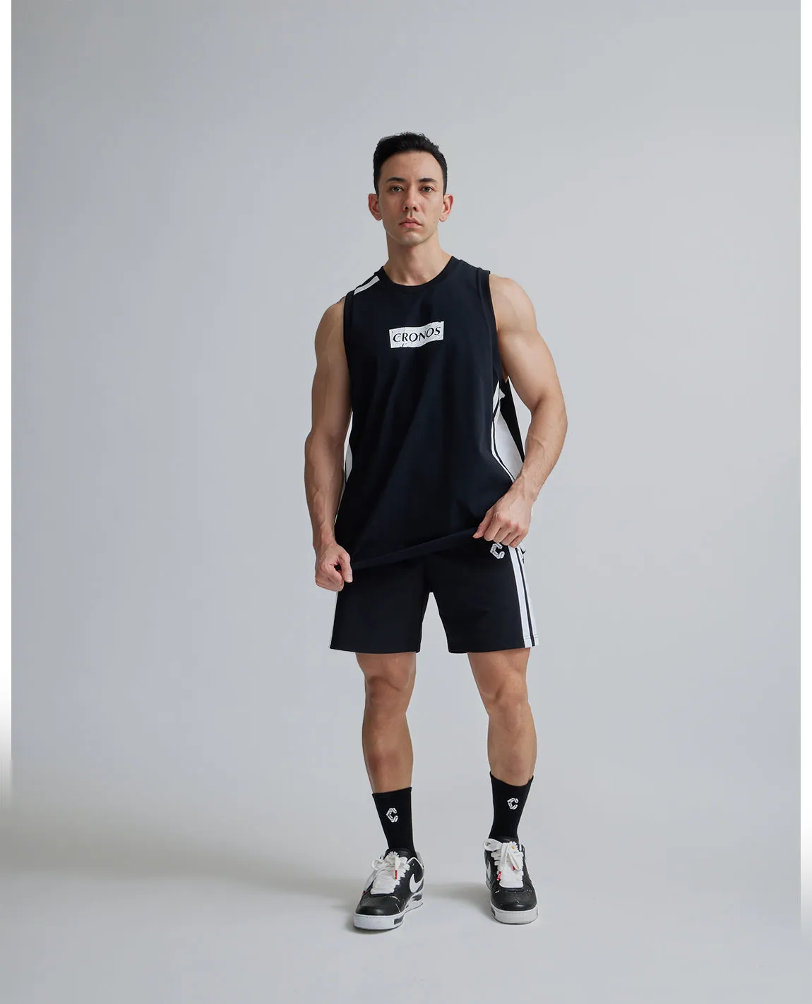 CRONOS 2LINE NYLON STRETCH SHORTS【BLACK×WHITE】