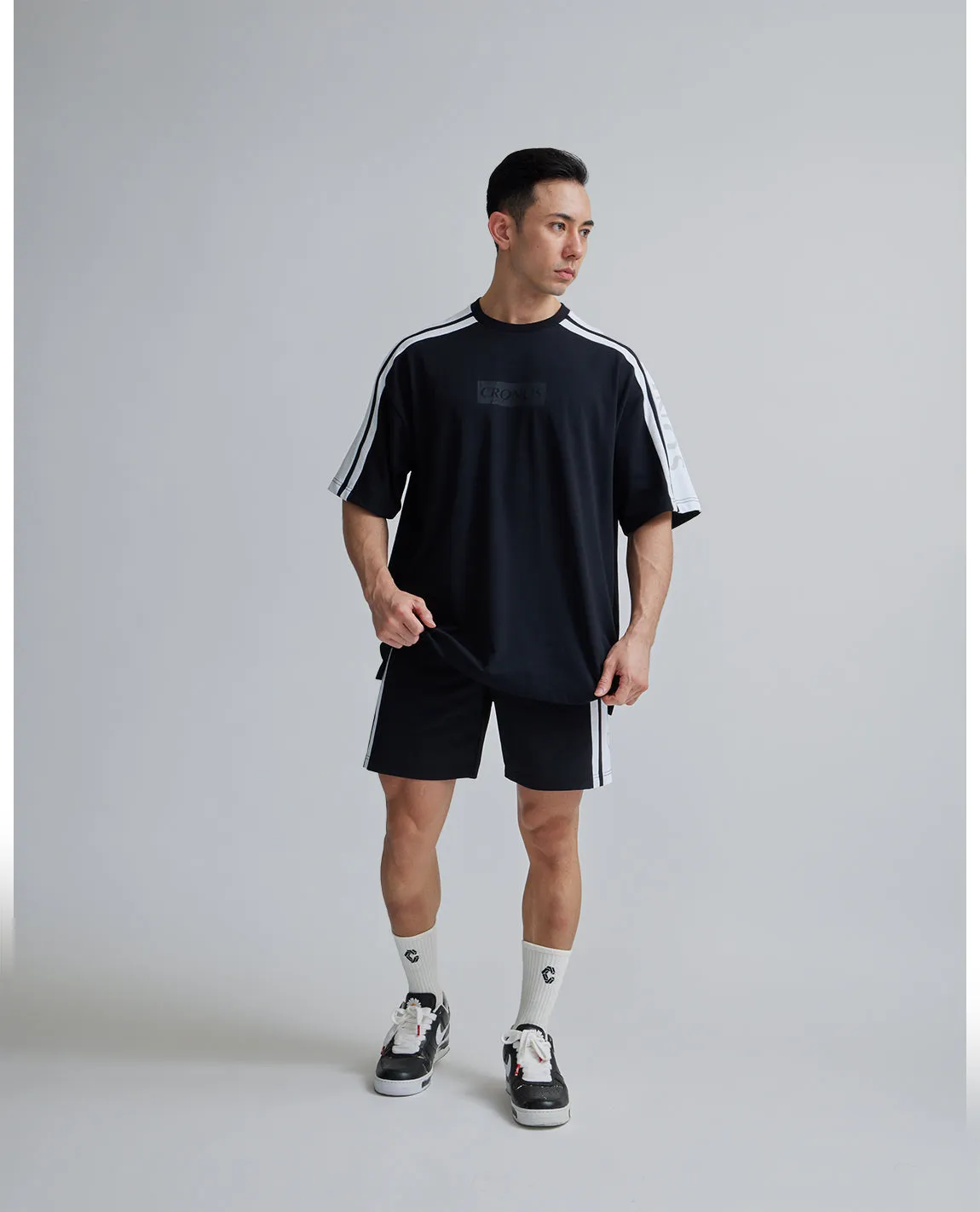 CRONOS 2LINE NYLON STRETCH SHORTS【BLACK×WHITE】