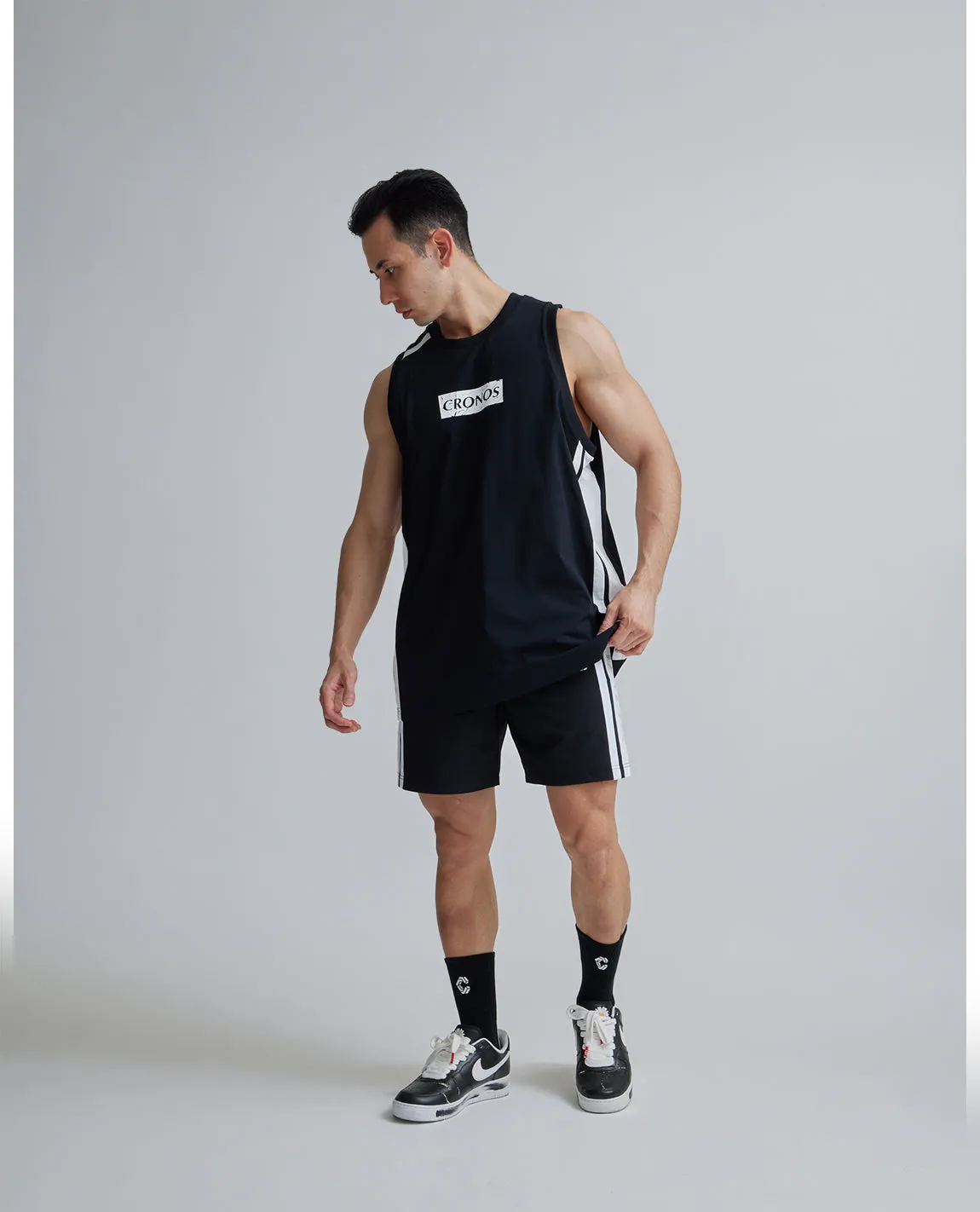 CRONOS 2LINE NYLON STRETCH SHORTS【BLACK×WHITE】