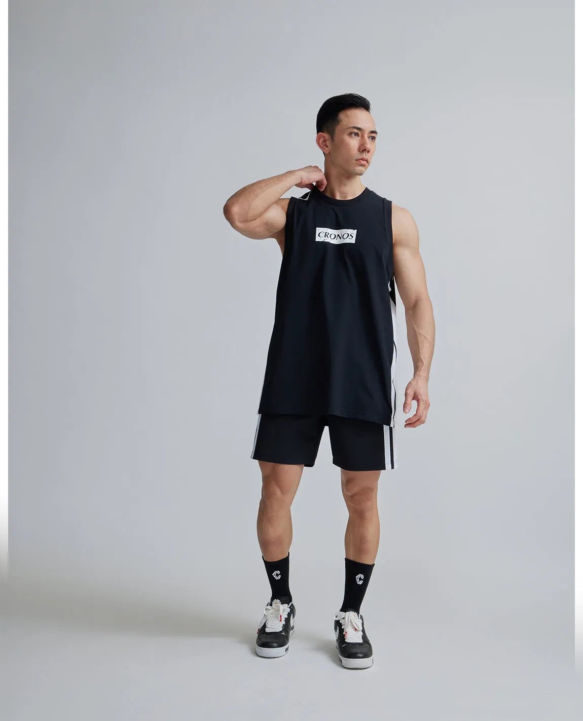 CRONOS 2LINE NYLON STRETCH SHORTS【BLACK×WHITE】