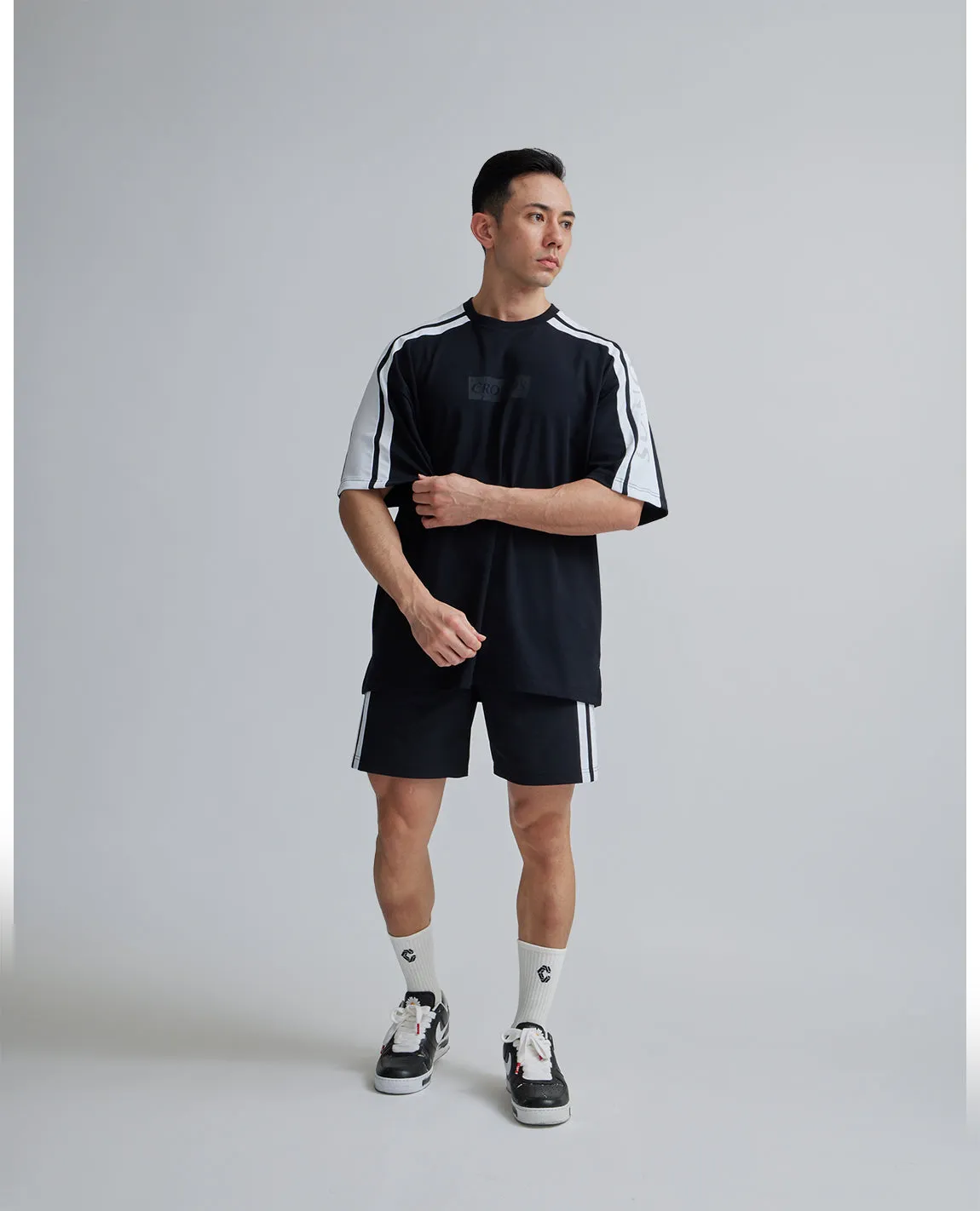 CRONOS 2LINE NYLON STRETCH SHORTS【BLACK×WHITE】