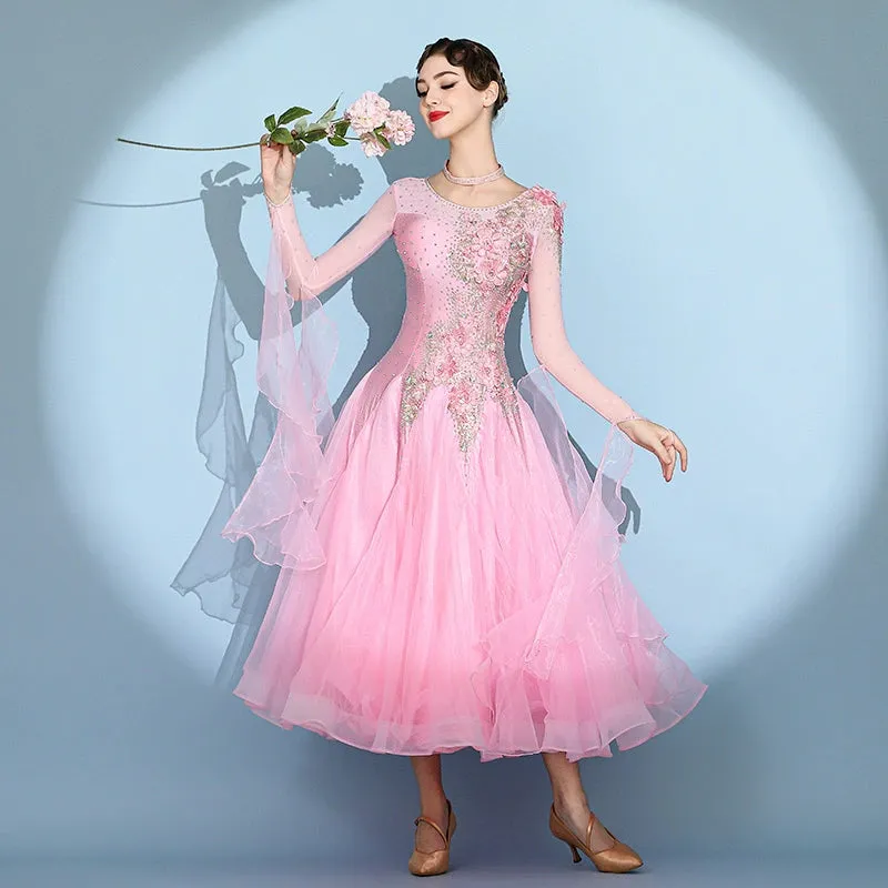 Custom size pink competition bling ballroom dance dresses for women girls kids waltz tango rhythm smooth foxtrot National standard dance long gown