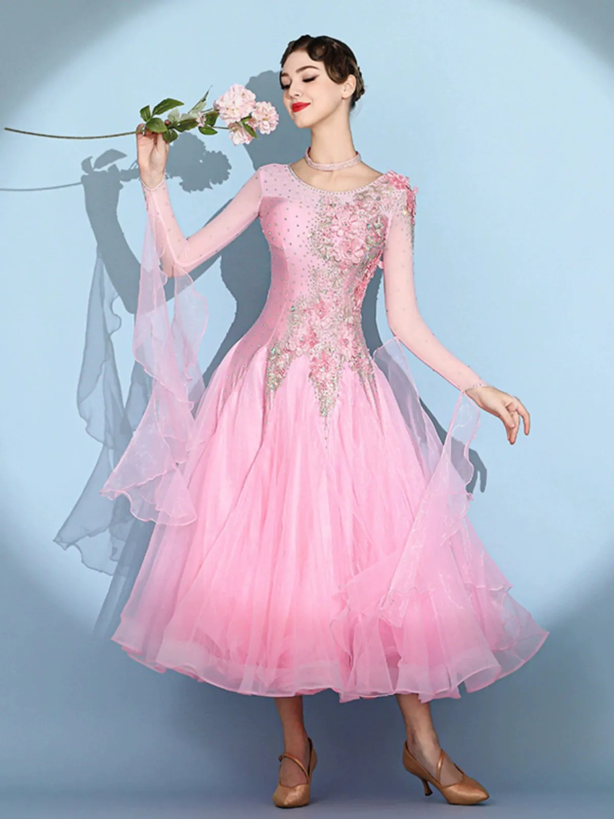 Custom size pink competition bling ballroom dance dresses for women girls kids waltz tango rhythm smooth foxtrot National standard dance long gown