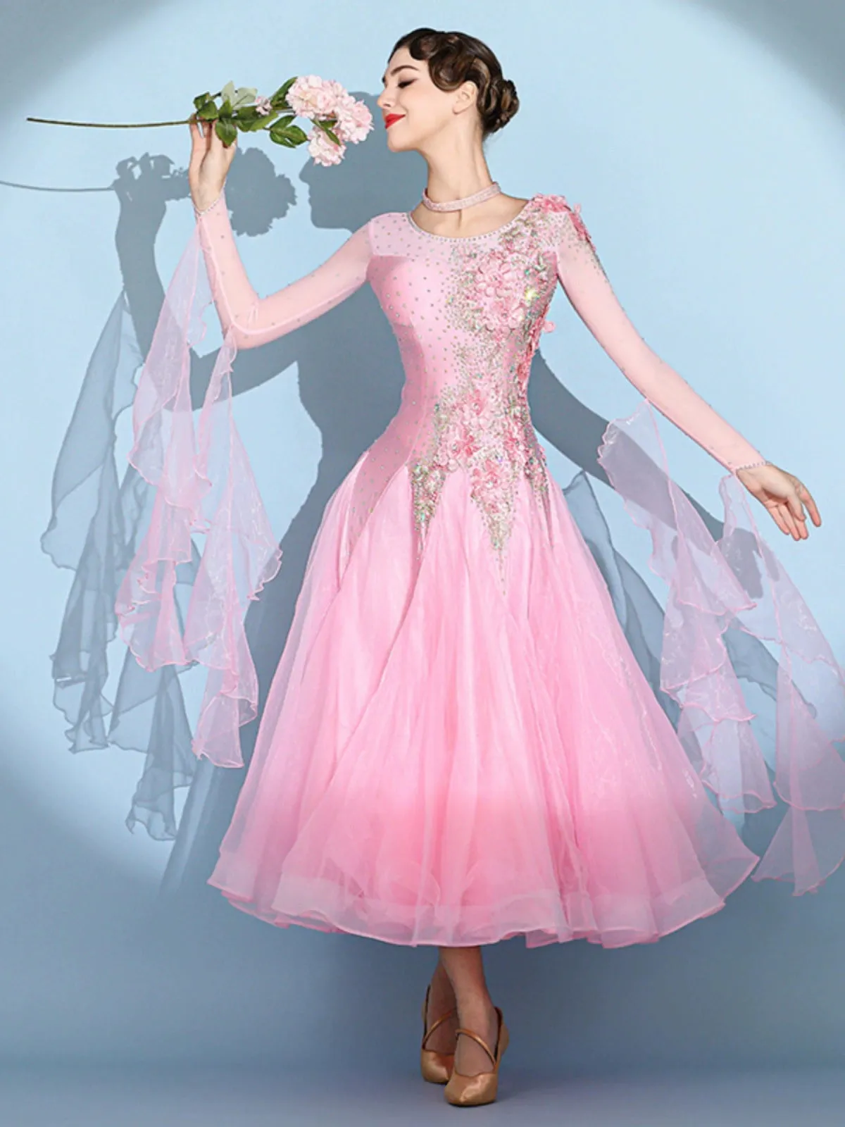 Custom size pink competition bling ballroom dance dresses for women girls kids waltz tango rhythm smooth foxtrot National standard dance long gown