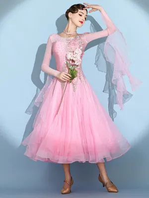 Custom size pink competition bling ballroom dance dresses for women girls kids waltz tango rhythm smooth foxtrot National standard dance long gown