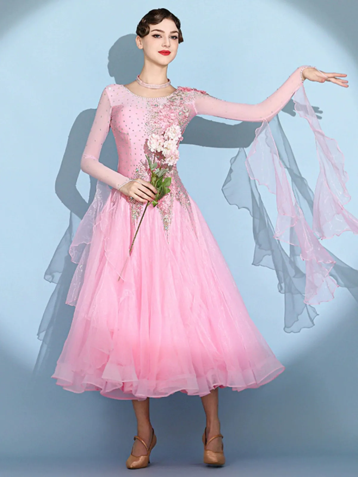 Custom size pink competition bling ballroom dance dresses for women girls kids waltz tango rhythm smooth foxtrot National standard dance long gown