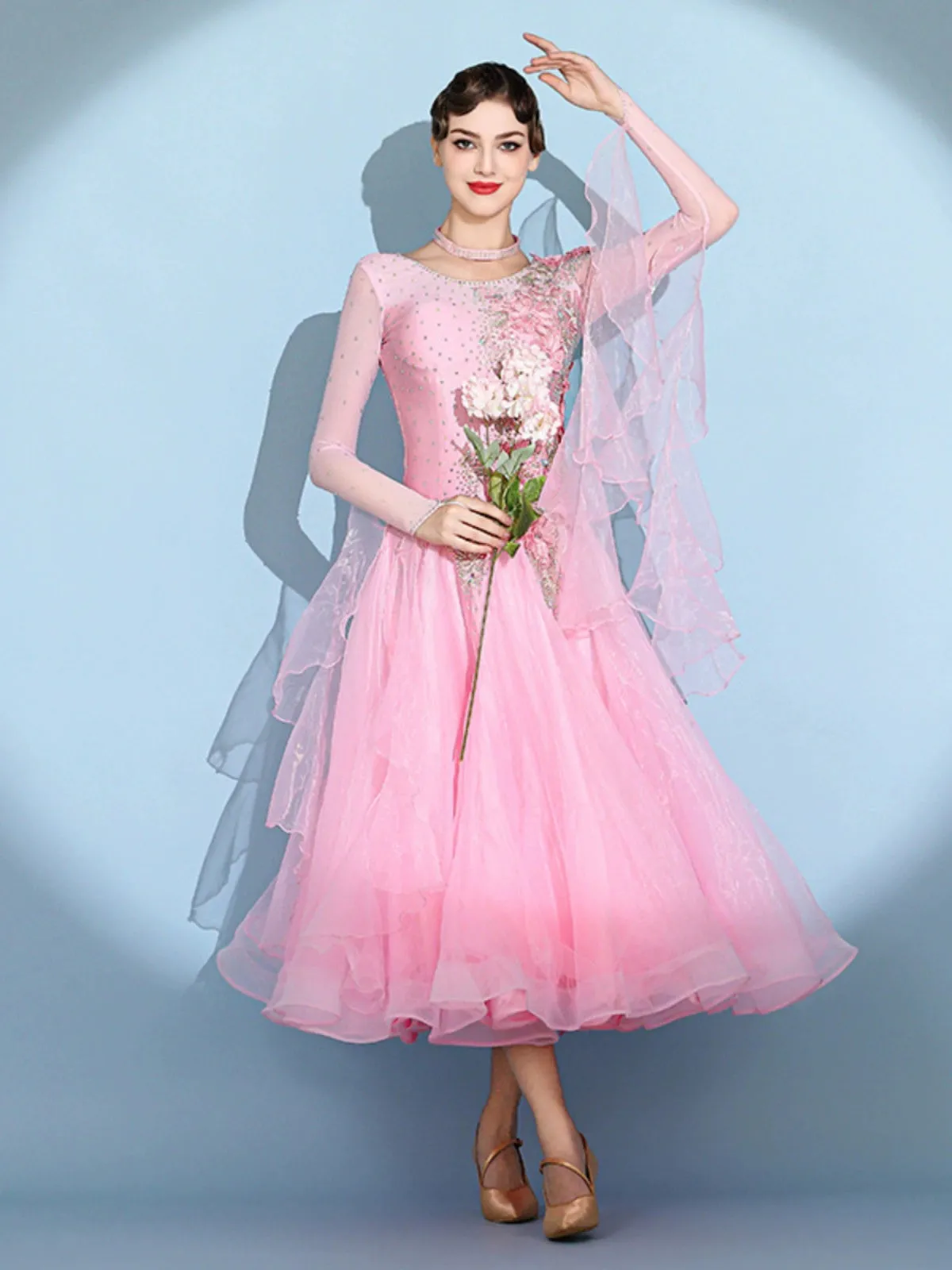 Custom size pink competition bling ballroom dance dresses for women girls kids waltz tango rhythm smooth foxtrot National standard dance long gown