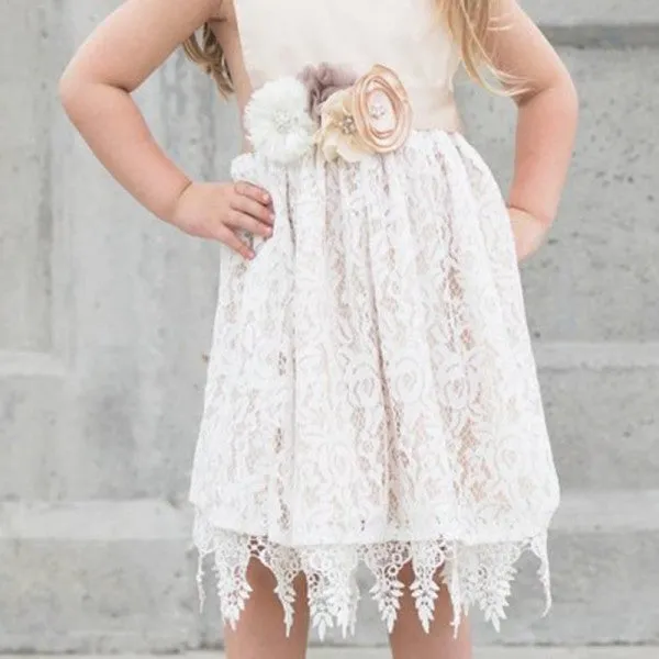 Cute A-Line Square Neck Open Back Lace Flower Girl Dresses with Handmade Flower, QB0101