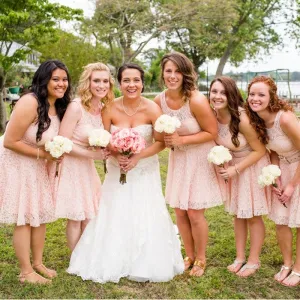 Cute Round Neck Short Cheap Pink Lace Bridesmaid Dresses Online, QB0165