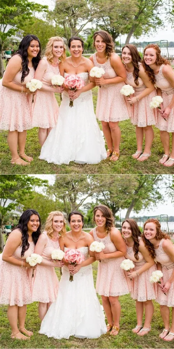 Cute Round Neck Short Cheap Pink Lace Bridesmaid Dresses Online, QB0165