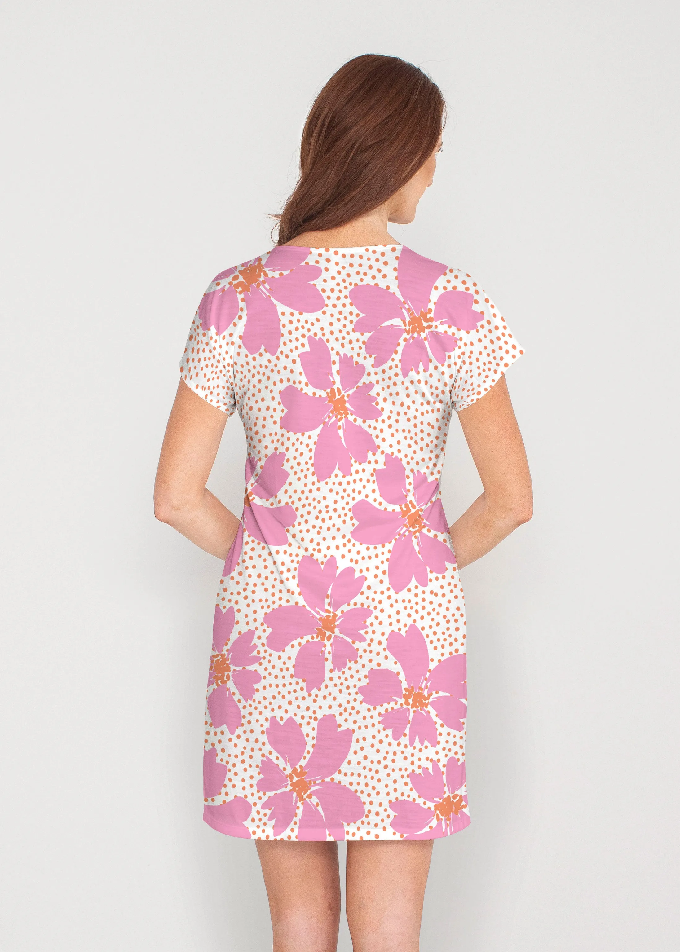 Daisy Dots Pink (8079) ~ French Terry Short Sleeve Crew Dress
