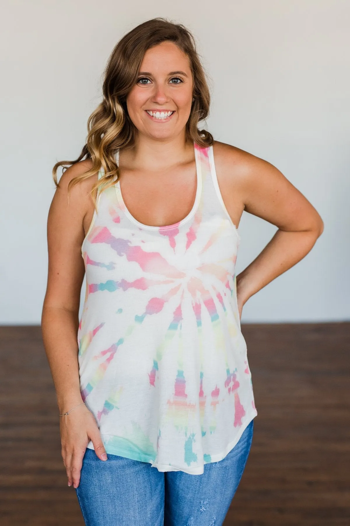 Dancing On My Own Tie Dye Tank Top- Ivory & Multi-Color