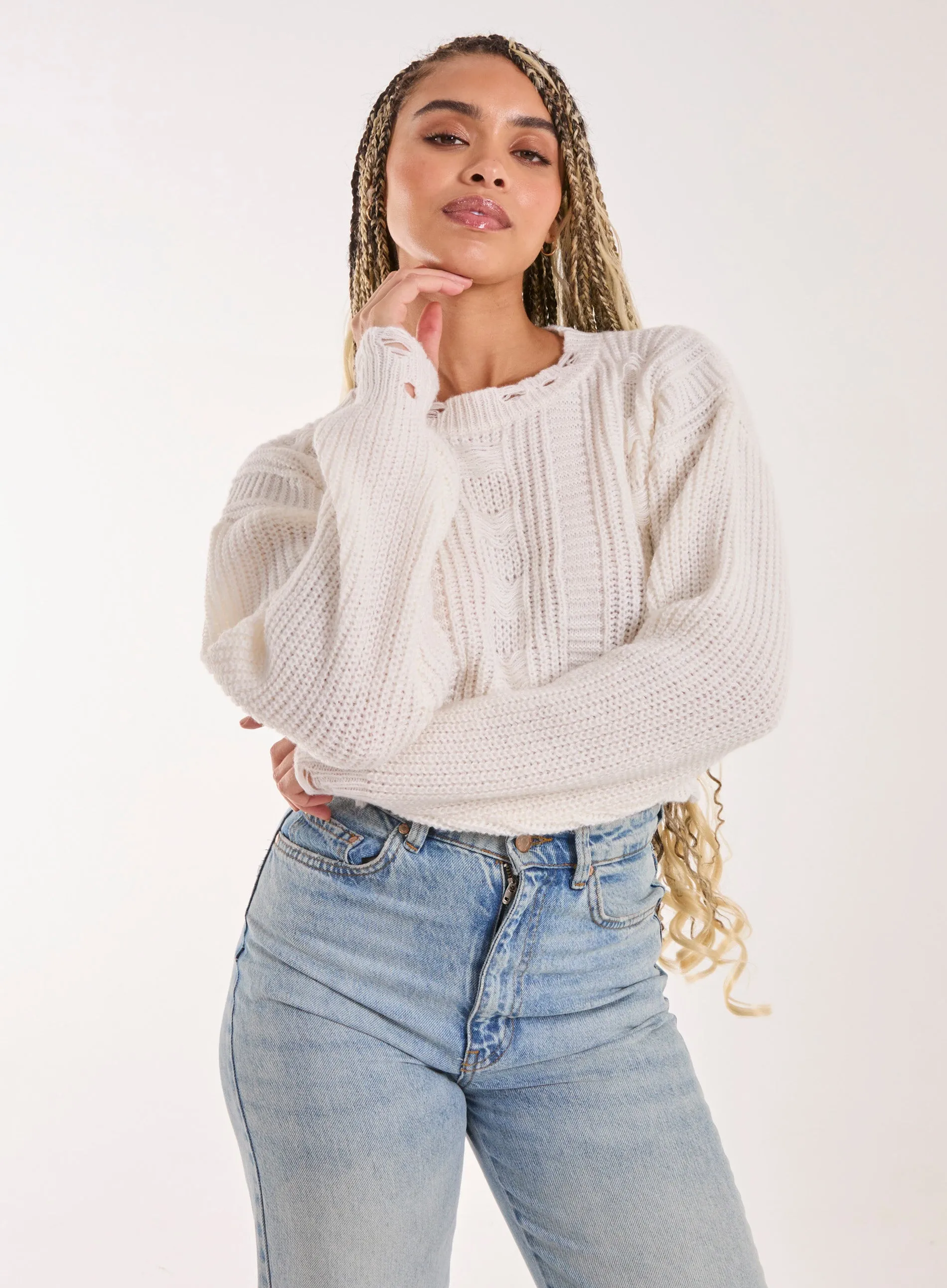 Distressed Cropped Knit Jumper