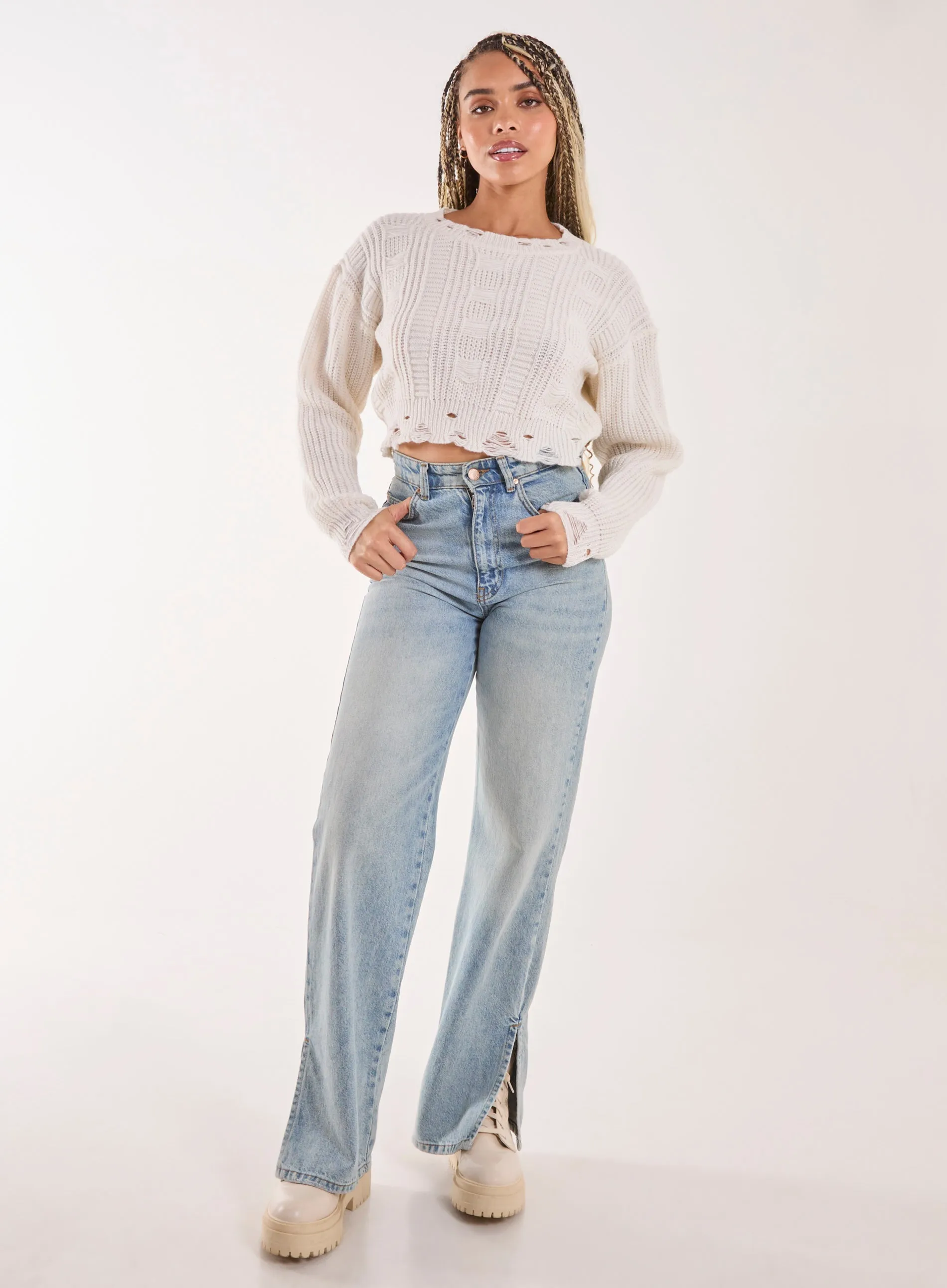 Distressed Cropped Knit Jumper