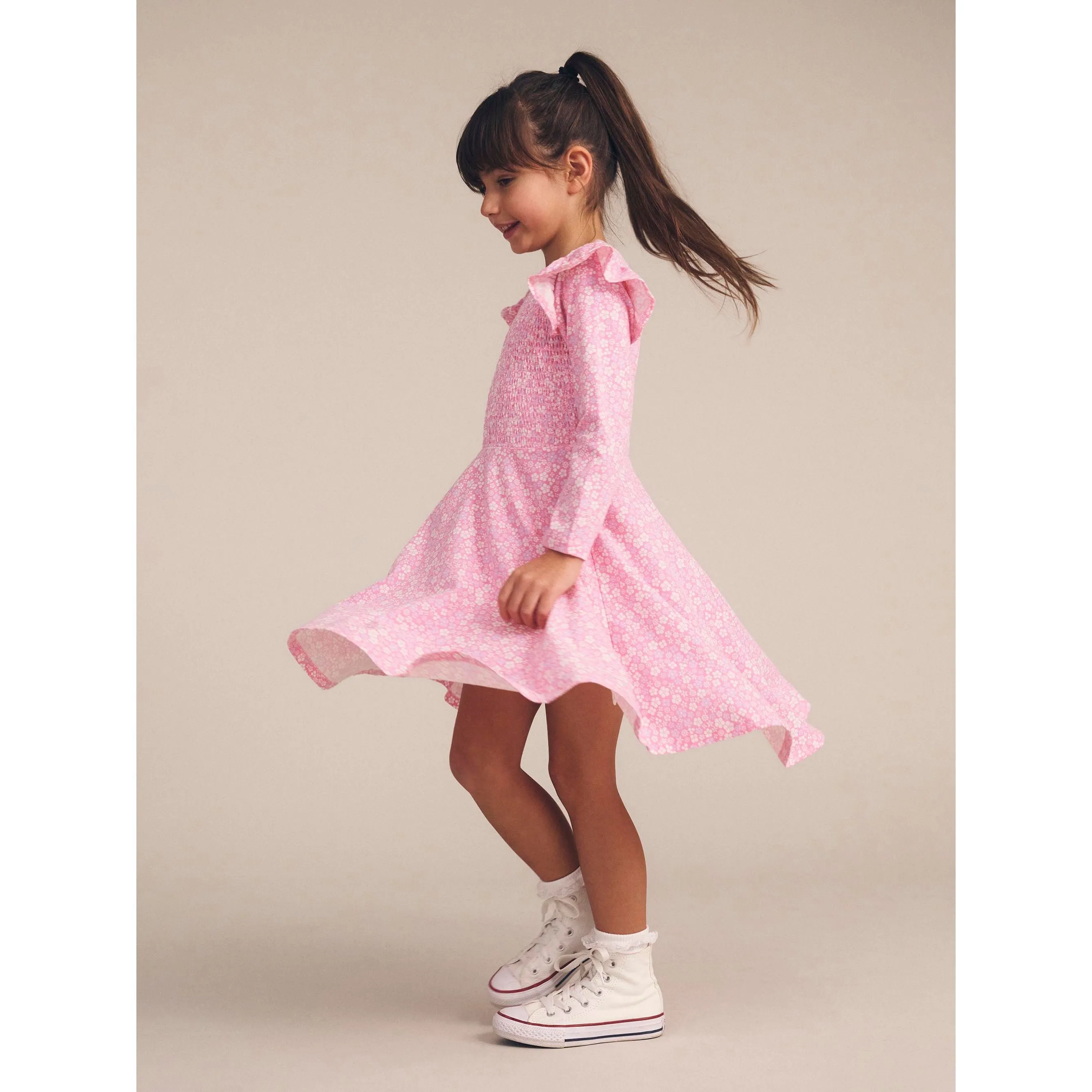Ditsy Floral Shirred Long Sleeve Dress