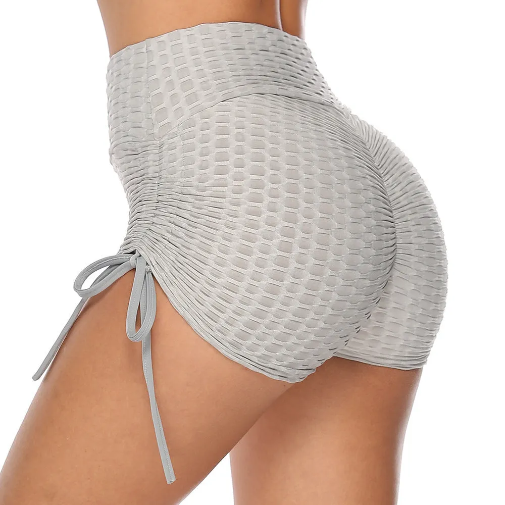 Drawstring Butt Lift Shorts Textured Gym Workout Slim Jogging Fitness Yoga Leggings
