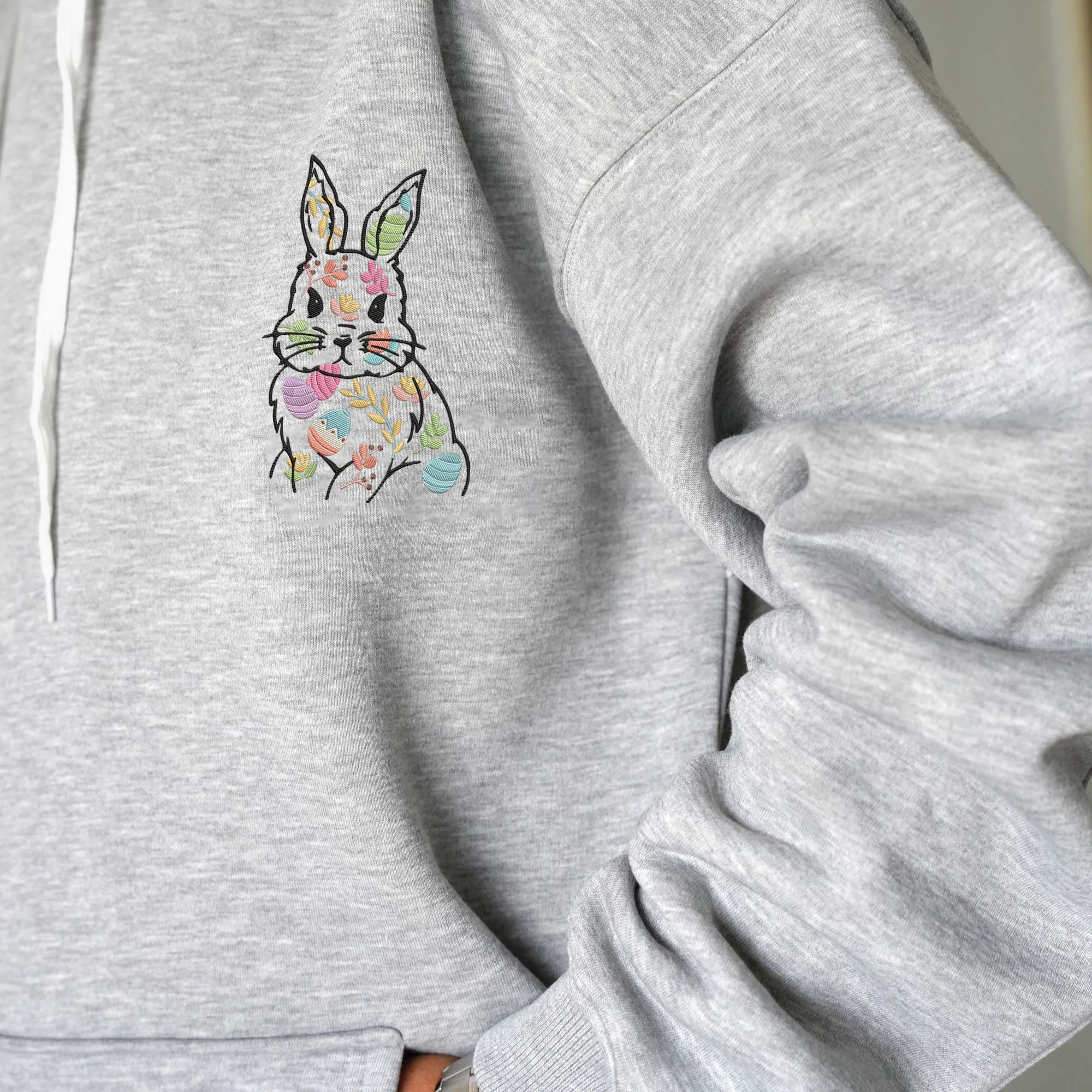 Easter Bunny Embroidered Hoodie, Faux Embroidered Daisy’s Hoodie Sweatshirt, Flowers Spring Easter Hoodie