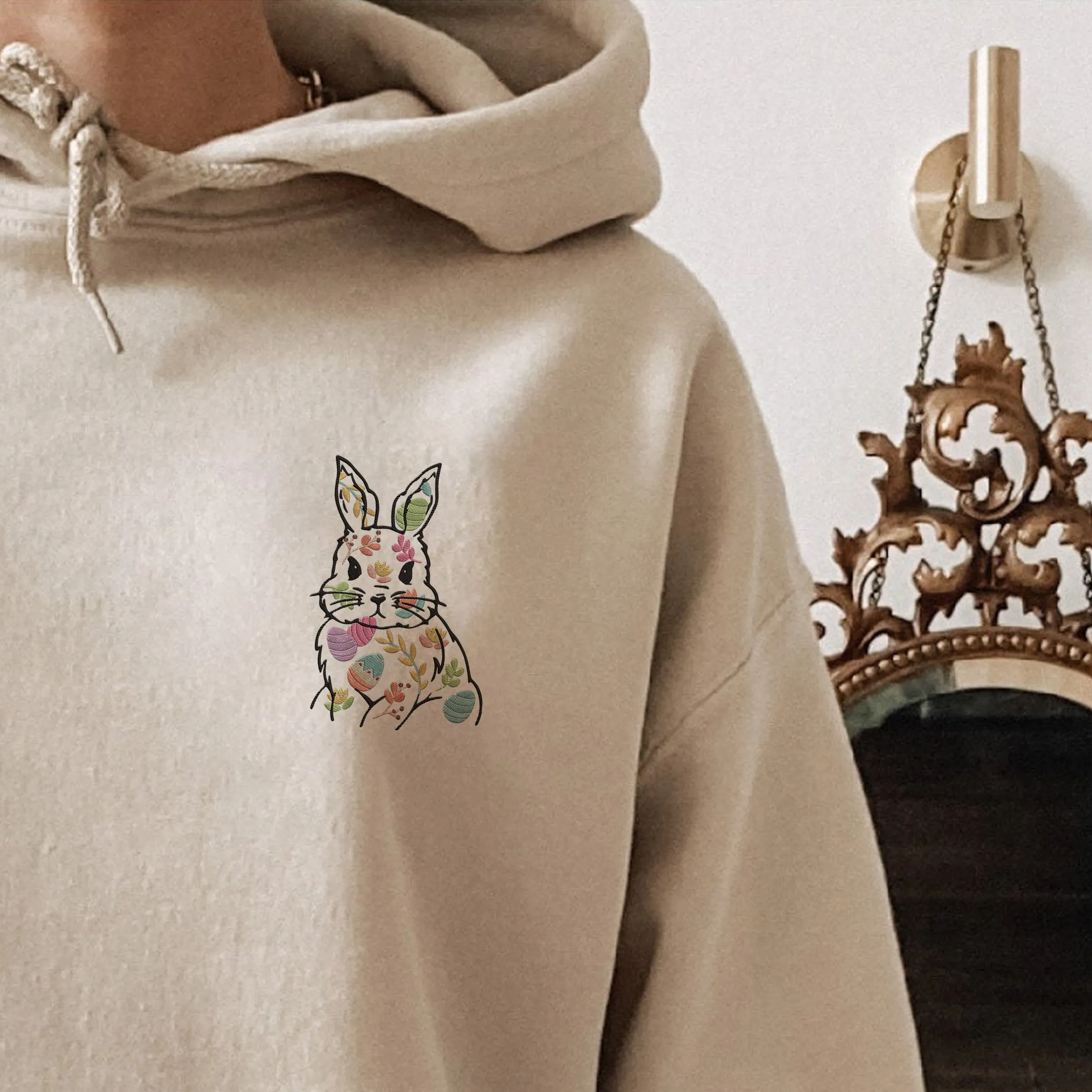 Easter Bunny Embroidered Hoodie, Faux Embroidered Daisy’s Hoodie Sweatshirt, Flowers Spring Easter Hoodie