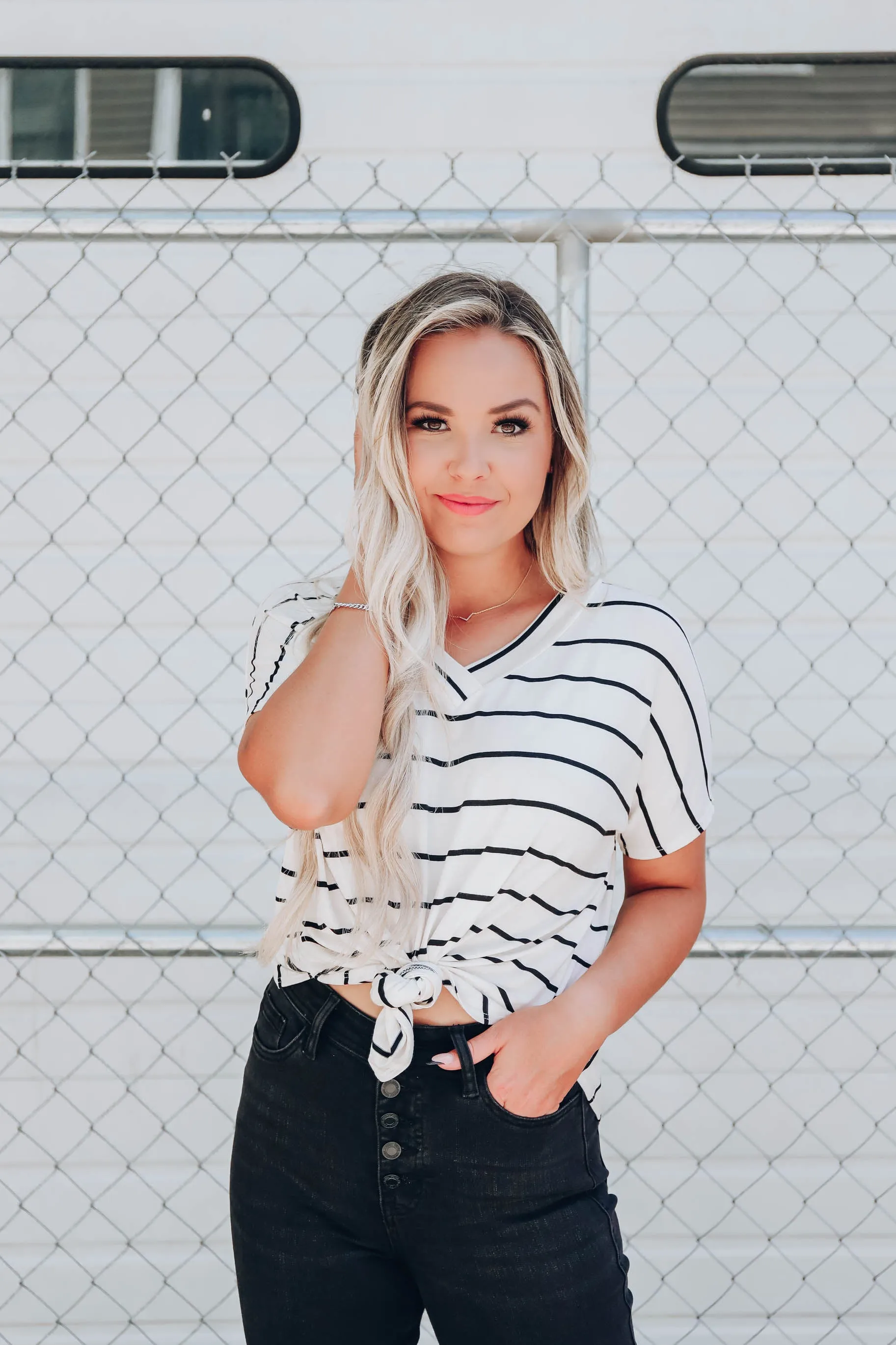 Effortless V-Neck Striped Top - Ivory