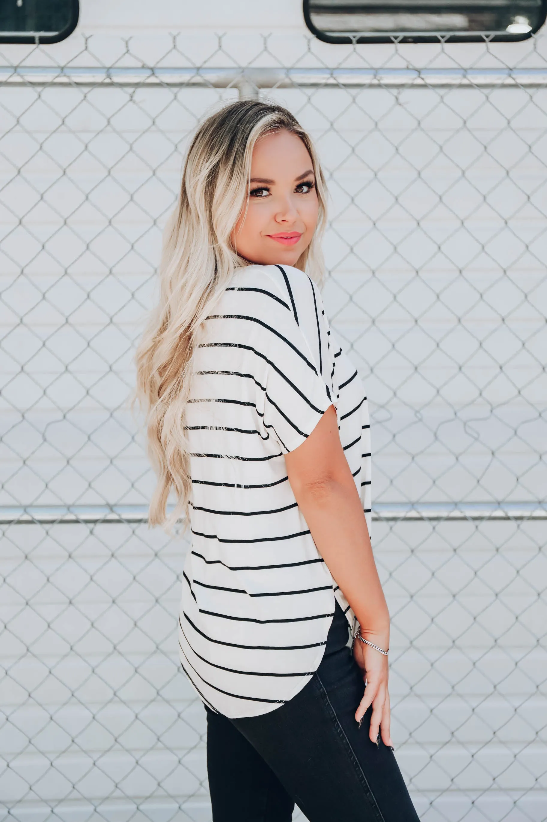 Effortless V-Neck Striped Top - Ivory
