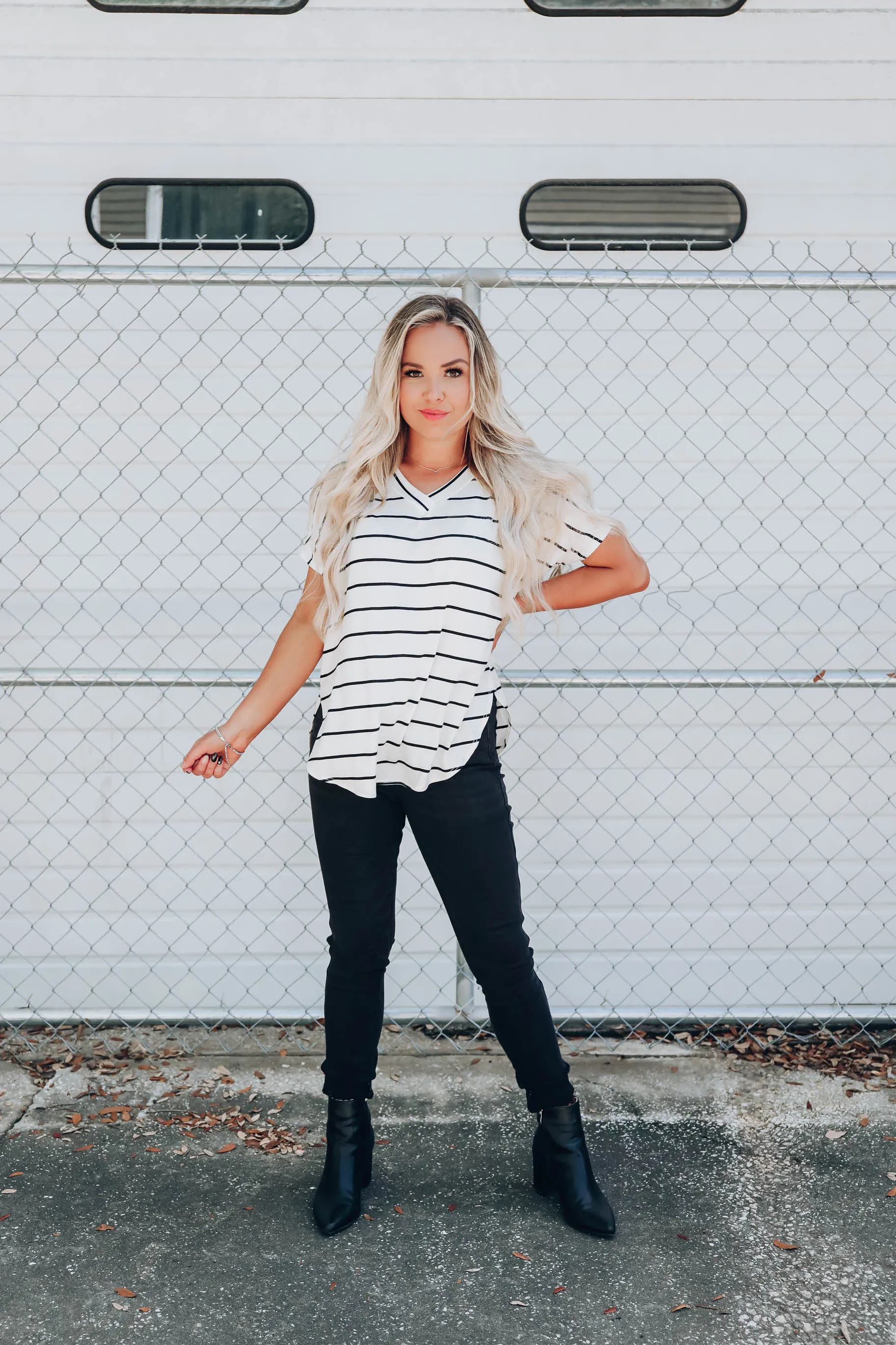 Effortless V-Neck Striped Top - Ivory