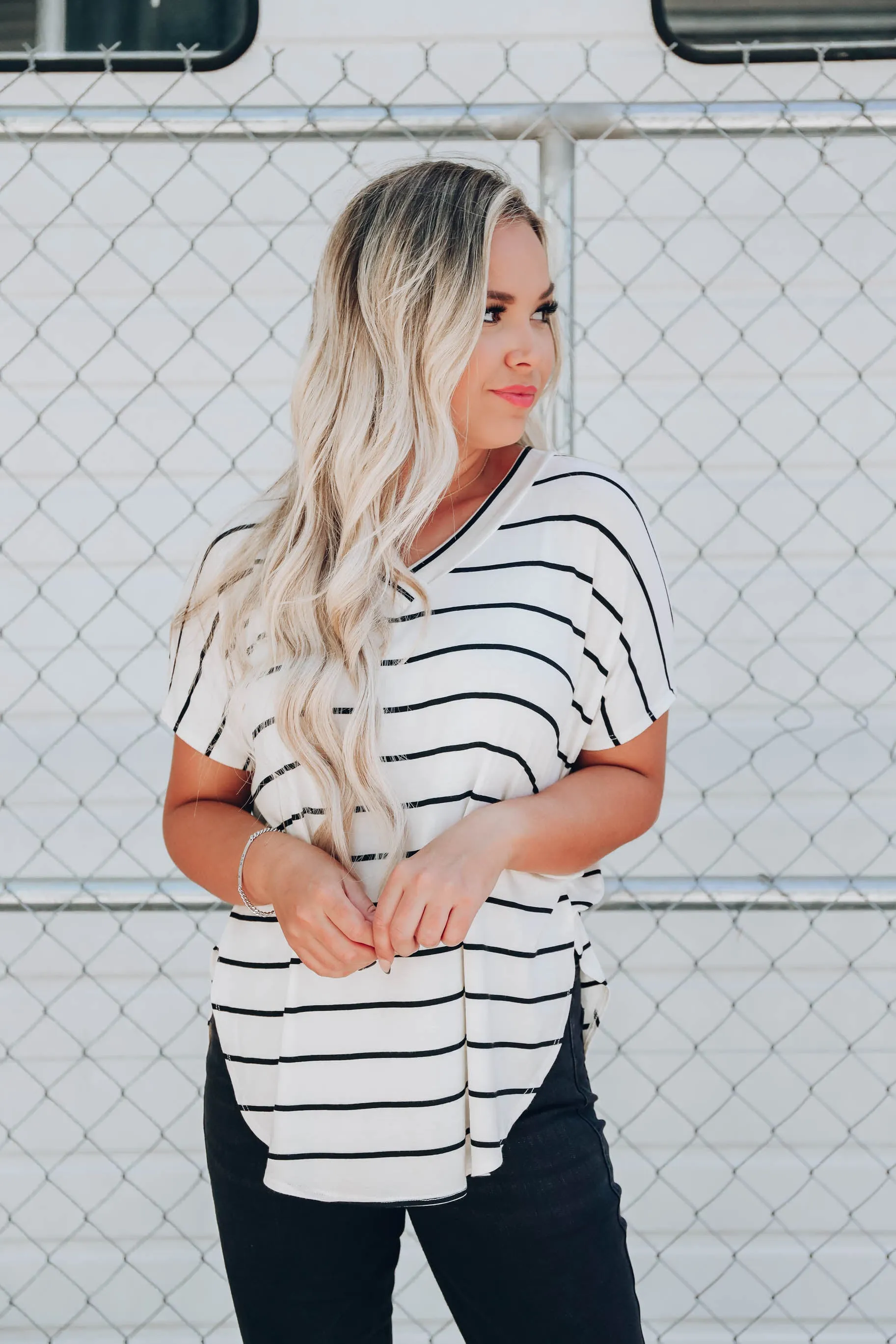 Effortless V-Neck Striped Top - Ivory