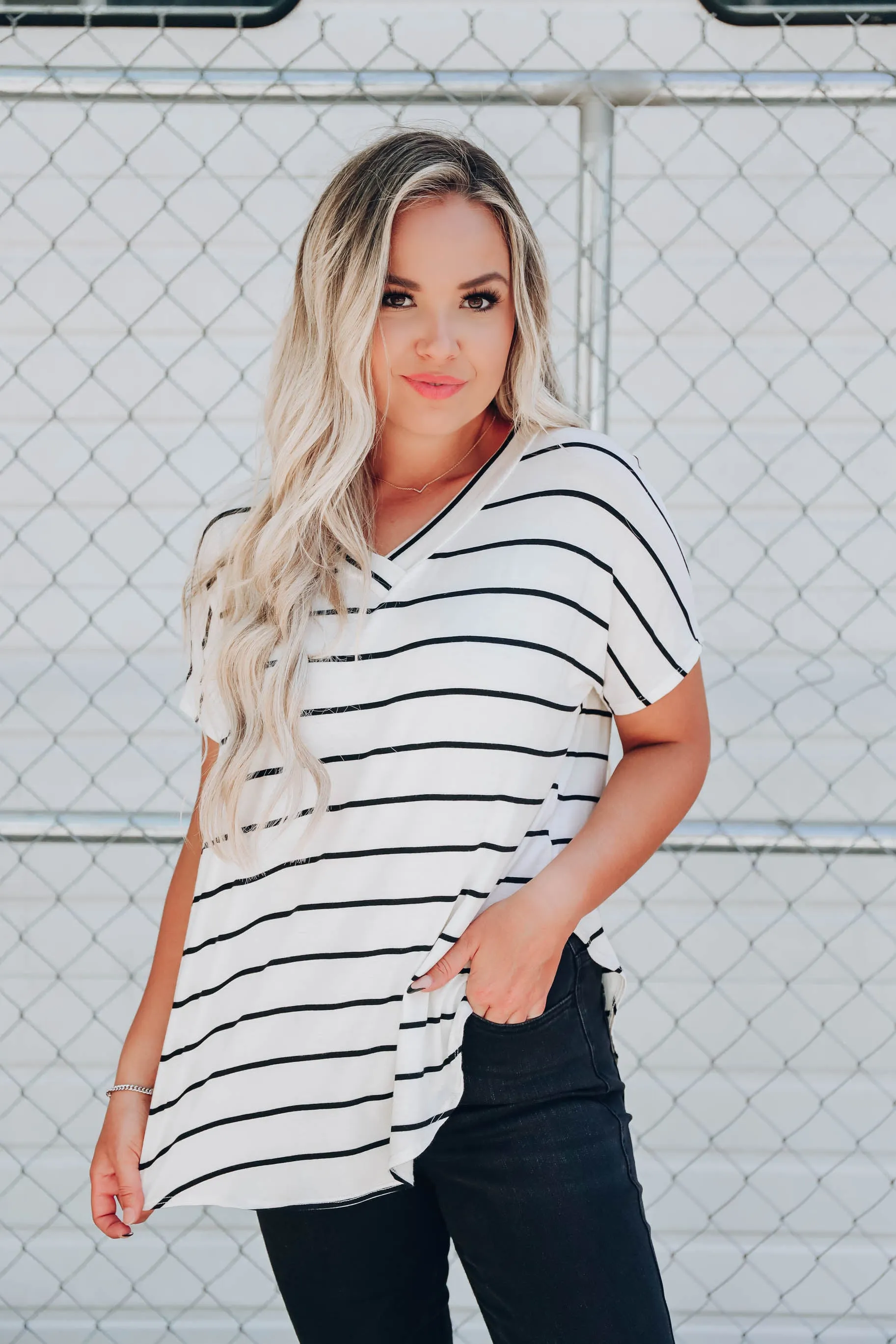 Effortless V-Neck Striped Top - Ivory