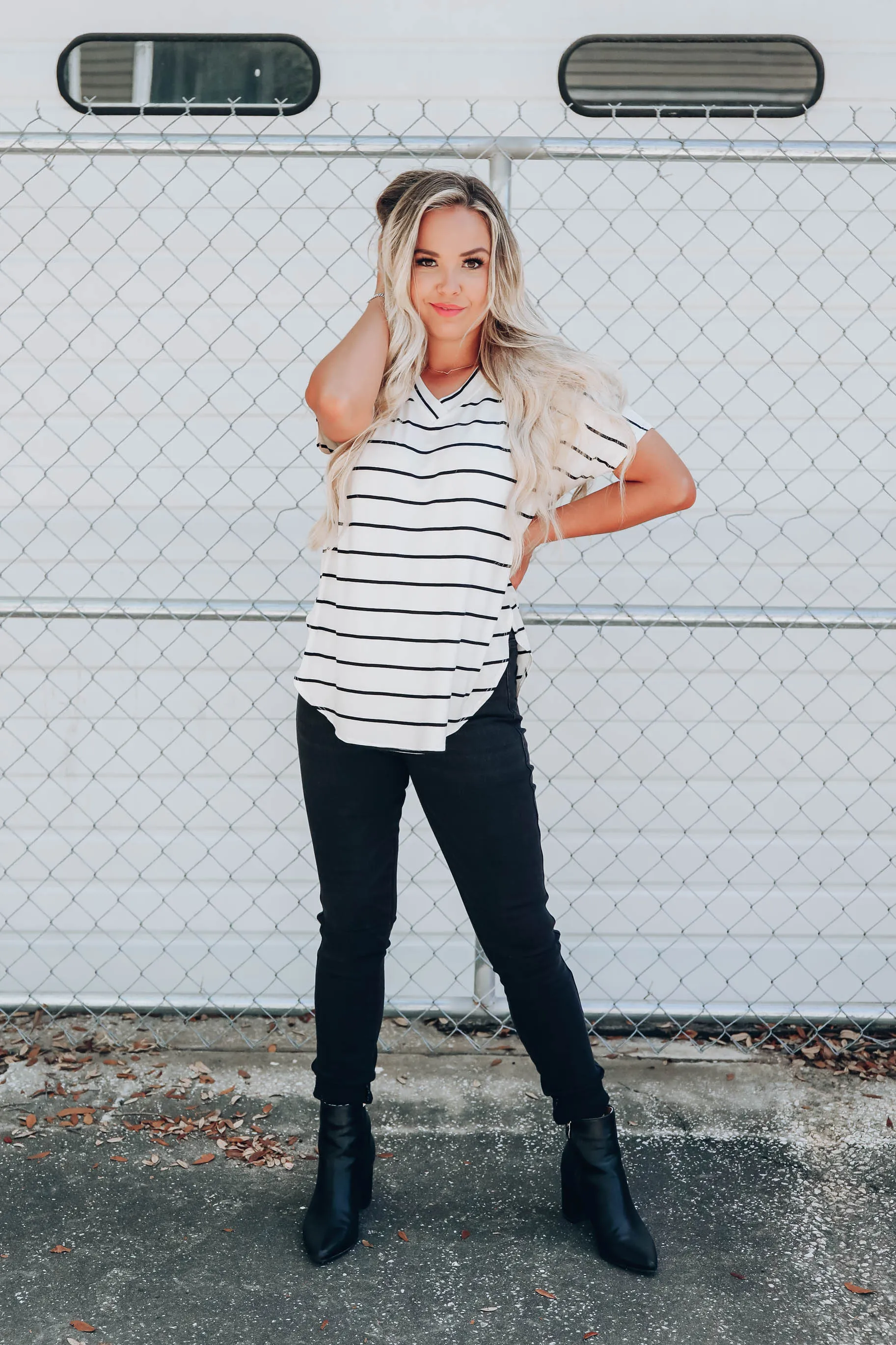 Effortless V-Neck Striped Top - Ivory