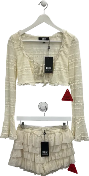 Ego Cream Textured Frilly Micro Shorts And Tie Front Long Sleeve Crop Top UK 10