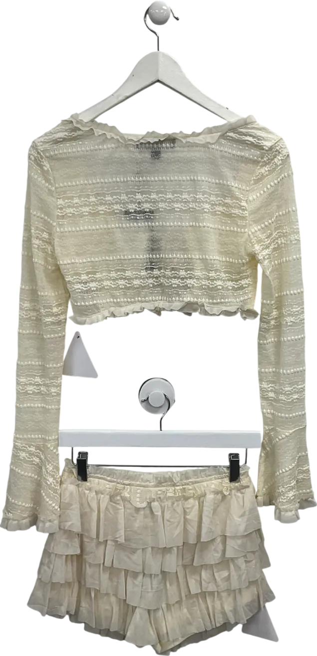 Ego Cream Textured Frilly Micro Shorts And Tie Front Long Sleeve Crop Top UK 10
