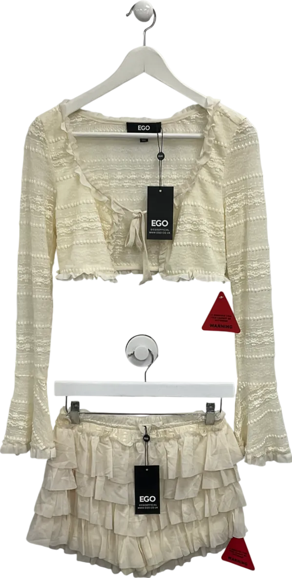 Ego Cream Textured Frilly Micro Shorts And Tie Front Long Sleeve Crop Top UK 10