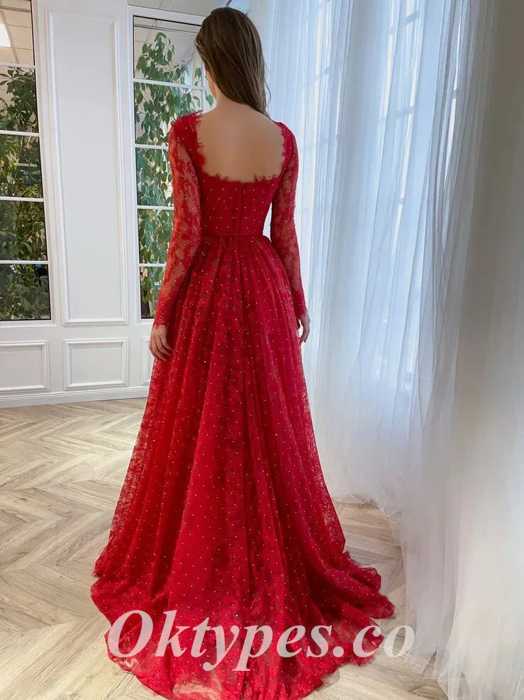 Elegant Lace And Tulle Long Sleeves V-Neck Side Slit A-Line Long Prom Dresses,PDS0773