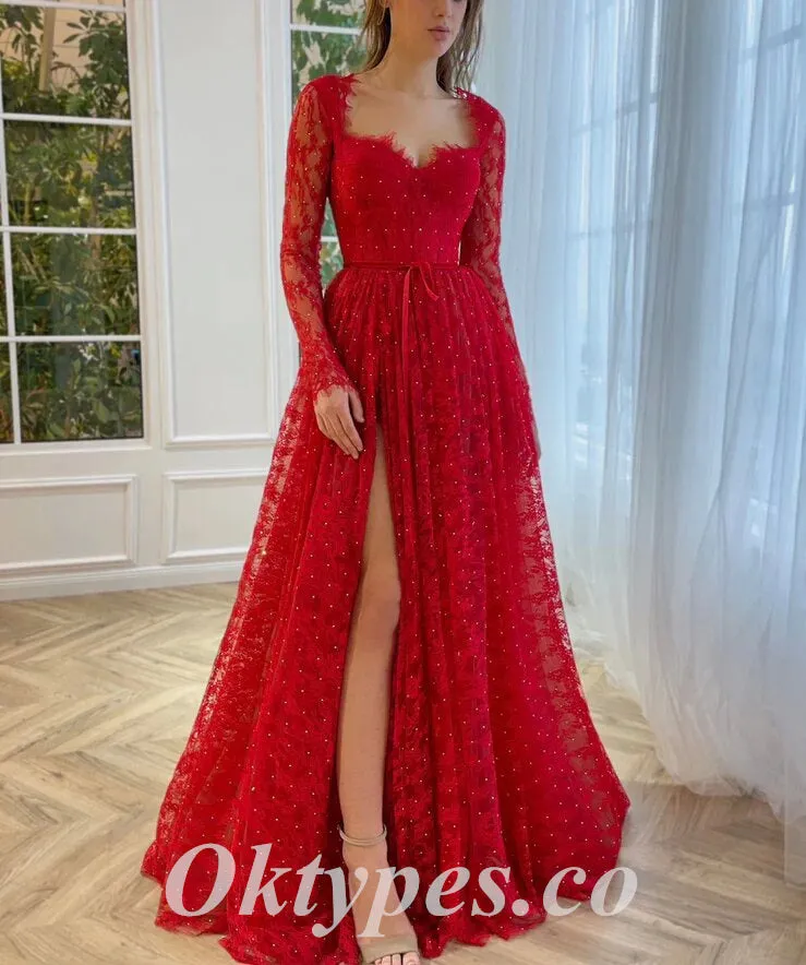 Elegant Lace And Tulle Long Sleeves V-Neck Side Slit A-Line Long Prom Dresses,PDS0773