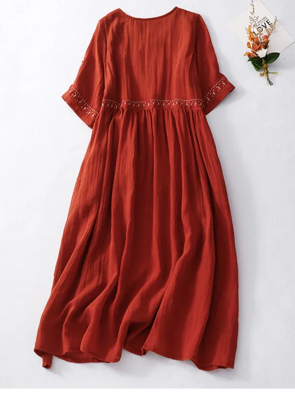 Embroidered Maxi Dress with Loose Fit and Large Hem