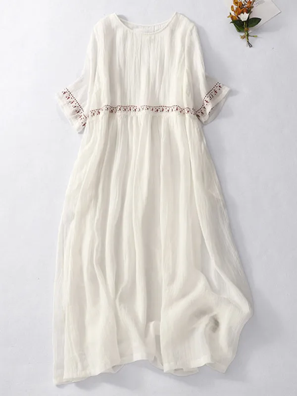 Embroidered Maxi Dress with Loose Fit and Large Hem