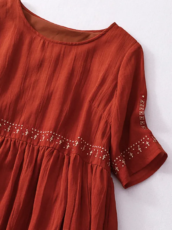 Embroidered Maxi Dress with Loose Fit and Large Hem
