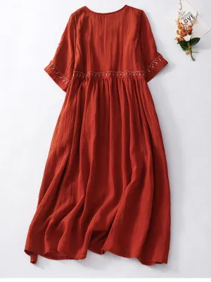 Embroidered Maxi Dress with Loose Fit and Large Hem