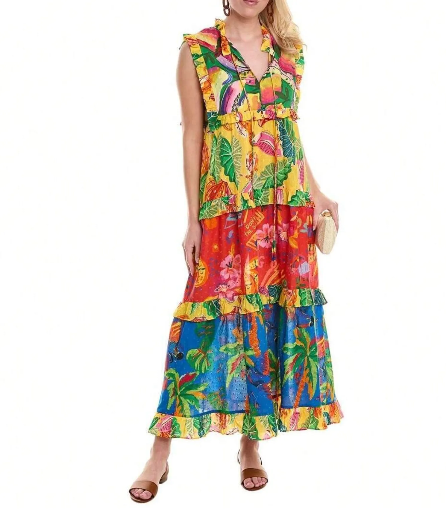 Farm Rio Multicoloured Mixed Prints Tiered Maxi Dress XS