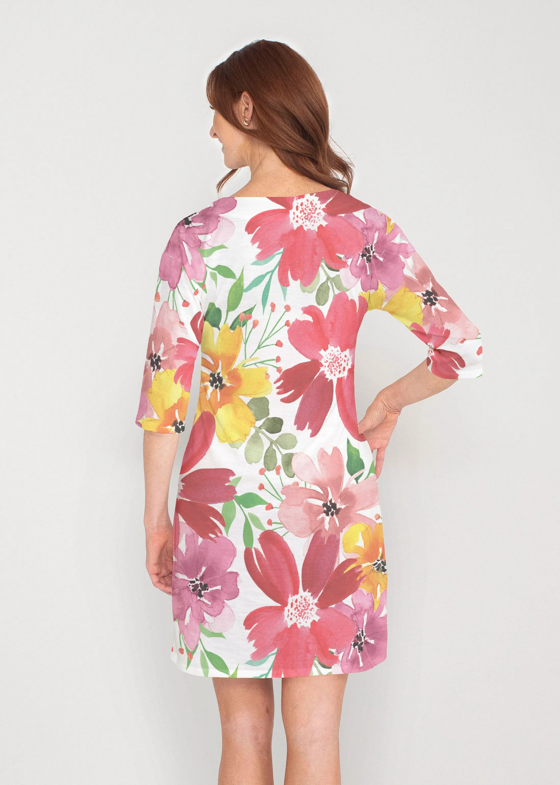 Festive Bloom (8154) ~ Drop Shoulder 3/4 Sleeve V-Neck Dress