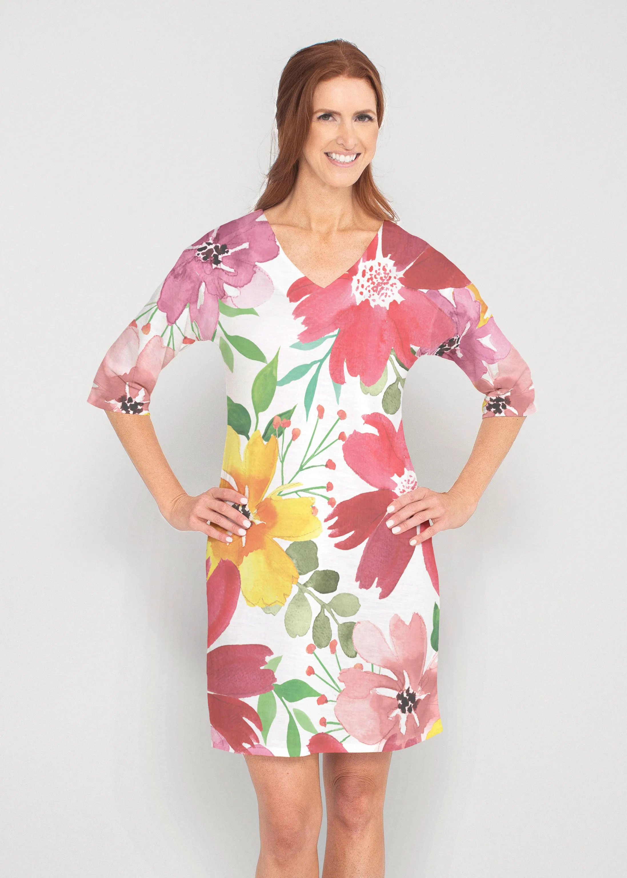 Festive Bloom (8154) ~ Drop Shoulder 3/4 Sleeve V-Neck Dress