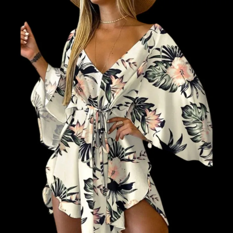 Flirty and Floral: Women's V-Neck Lace-Up Mini Dress