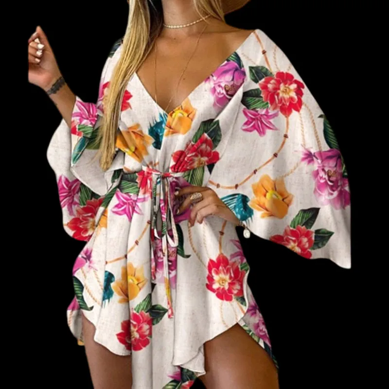 Flirty and Floral: Women's V-Neck Lace-Up Mini Dress