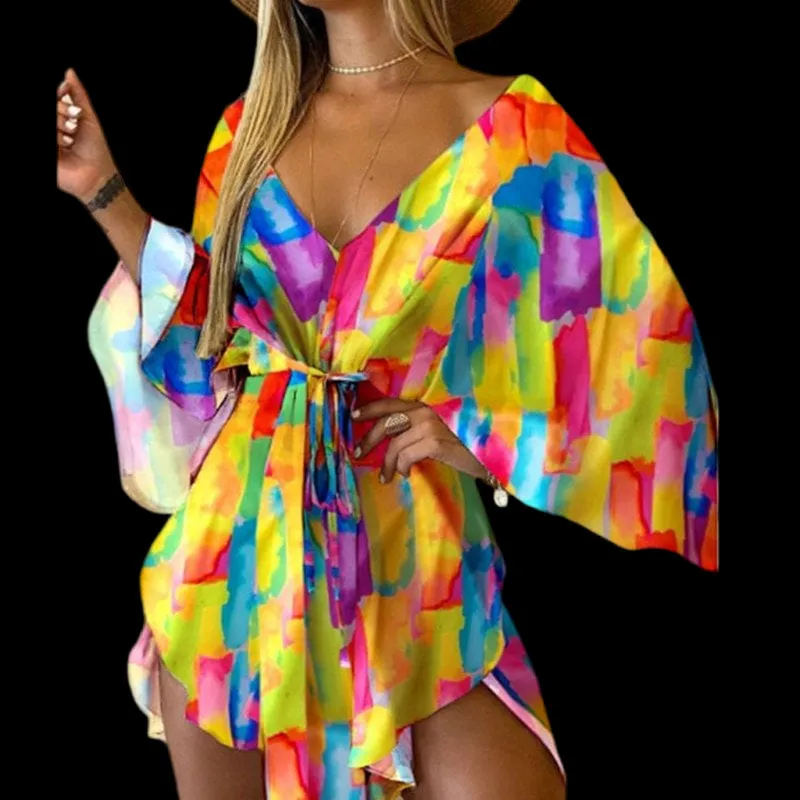Flirty and Floral: Women's V-Neck Lace-Up Mini Dress