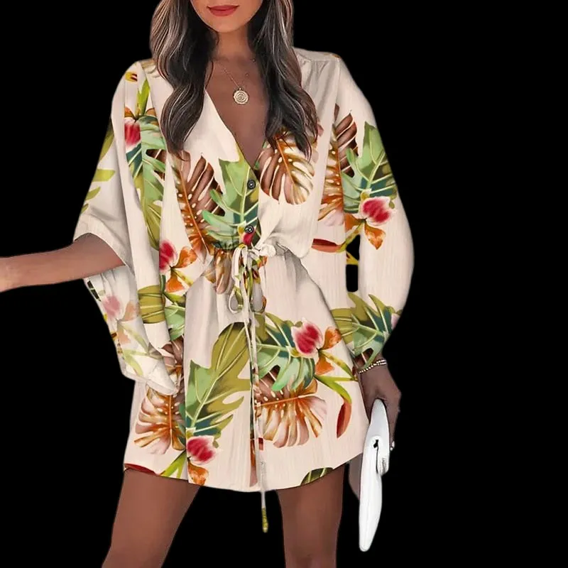 Flirty and Floral: Women's V-Neck Lace-Up Mini Dress