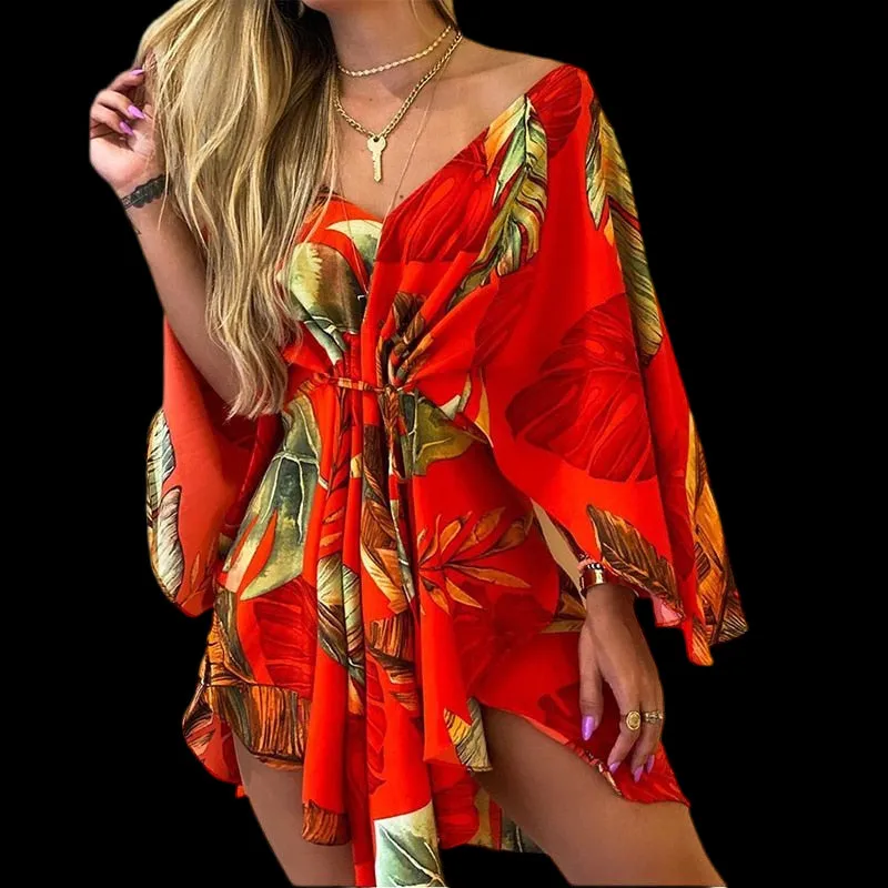 Flirty and Floral: Women's V-Neck Lace-Up Mini Dress